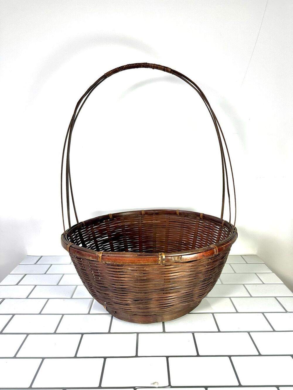 Vintage DCR Handwoven Bamboo Basket Bentwood Triple Handle Oval Wicker Basket